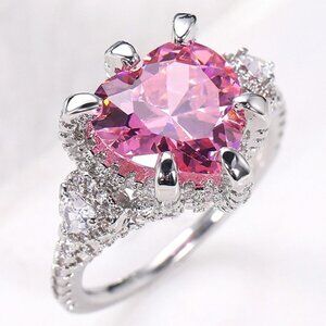 💥Pink Heart CZ Anillos Shiny Diamonds Silver Plated Heart Ring for Women, L117